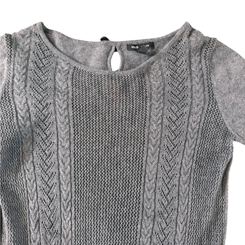 MANGO MNG Basics Gray Sweater Bows Keyholes  XS Quiet Luxury Long Sleeve Light